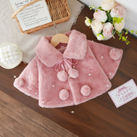 Veste d'hiver pour bébé, douce et moelleuse, en fausse fourrure, avec col à pompon, détails en perles, doublure matelassée, manteau pour tout-petit