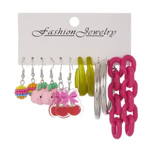 New Design Cute Candy Bear Cherry Dice Hook Earrings for Women Girls Creative Green Chain C-shape Earring Party Jewelry