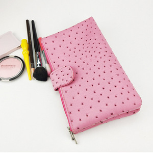 Pink Ostrich Pattern <b>Makeup</b> Bag With Magnetic Buckle Portable Cosmetic <b>Case</b> For Home Storage - Product Image 1