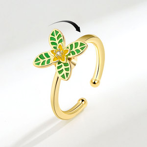 Anillos giratorios antiestrés Green Drop Glue con hojas verdes PVD, ajustables, de cobre chapado en oro, joyería para aliviar el estrés para niñas - Product Image 2