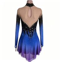 Robe de patinage artistique dégradé noir bleu violet, col montant, manches longues, ornée de strass, costume de danse sur glace pour adultes et enfants