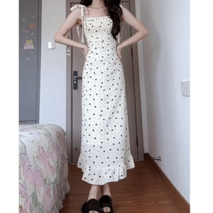 White Polka Dot Slip Dress Square <b>Neck</b> Tight Waist Breathable Long Dress For Women Casual Daily Wear - Product Image 3