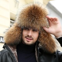 Gorro Ushanka Ruso de Invierno para Hombre, de Piel Auténtica de Zorro Plateado y Mapache, Impermeable, Tipo Bomber, para Viajes al Aire Libre y Pesca