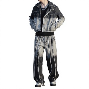 Unisex Gradient Washed Denim Jacket Wide-Leg Jeans Set Streetwear Regular Fit Full Length Cotton Autumn Style Eco-Friendly - Product Image 1