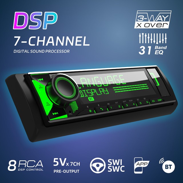 DSP Car Audio Radio MP3 12V Single Din Bluetooth 6.0 Hands Free RDS FM AM 8 RCA 7 Channel 31 Band EQ USB AUX