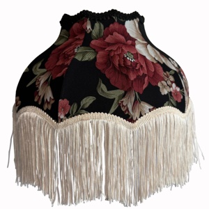 Abat-jour en tissu floral noir vintage, franges en crème, style rétro, fait main, écologique, lampe de table décorative, décoration d'intérieur - Product Image 1