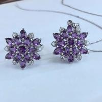 Vente en gros usine – Parure de bijoux en argent sterling 925 plaqué rhodium avec améthyste naturelle en forme de fleur pour femme, idéale pour les fêtes et comme cadeau