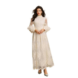 Vestido Largo de Encaje Floral de Alta Calidad para Mujer, Estilo Boutique, con Mangas Abullonadas y Cintura de Encaje, Ideal para Invitadas de Boda, Estilo Francés - Product Image 3