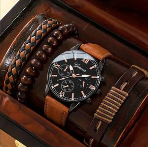 Set da 4 Pezzi di Gioielli da <span class=keywords><strong>Uomo</strong></span> all'Ingrosso con Orologio al Quarzo di Tendenza Business con Cinturino e Bracciali Intrecciati - Product Image 2