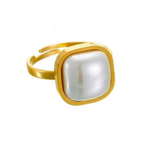 Fashion Vintage <b>Pearl</b> Square Shaped Four Sided Open 18K Gold Plated Stainless Steel Trendy Unisex <b>Ring</b> - Product Image 1