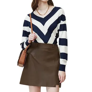 Custom simple stylish striped V-neck pullover knitted top for women