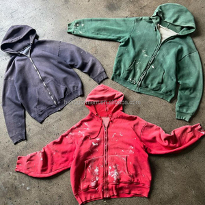 Sweat à capuche pour homme en coton gaufré double couche, épais, personnalisé, style streetwear, uni, délavé, effet usé, décoloré par le soleil - Product Image 4