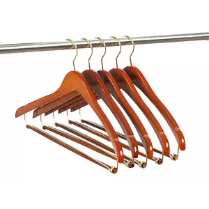 43cm oversize contoured body walnut color brass hook bulk wooden suit coat clothes hanger with locking bar