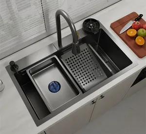 Lavabo sanitario moderno antiarañazos de acero inoxidable 304, fregadero de cocina hecho a mano, cuenco individual, cocina negra S