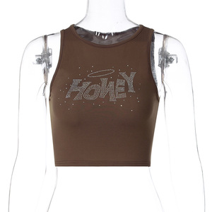 Punk Vintage Rhinestone <strong>Goth</strong> Streetwear Sleeveless T-shirt Graphic T Shirt Women Y2k Crop Top O-neck <strong>Tshirt</strong> - Product Image 2