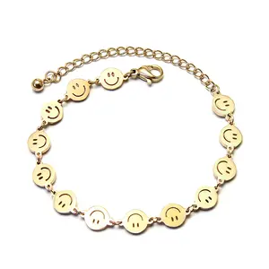 Wholesale Custom 18K Gold Plated Stainless Steel Beads Beaded Charm Jewelry Women's Lucky Gold Happy Smile Smiley Face Bracelet