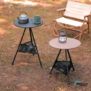 Minimalist <b>Round</b> Outdoor <b>Table</b> With Storage Mesh Basket Tripod Base Engineered Wood Top Black Metal Frame - Product Image 3