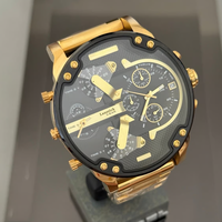 Montre-bracelet de luxe pour homme, grand boîtier, quartz, chronographe multi-fuseaux horaires, étanche 3 bars, bracelet en acier inoxydable doré, style hip-hop