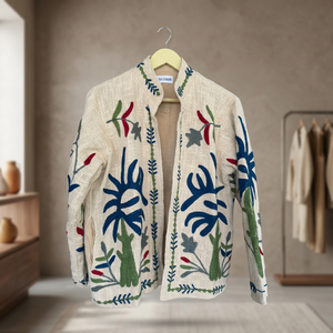 Suzani Embroidered Vintage <b>Quilted</b> Cotton <b>Jacket</b> Floral Botanical Folk Art Boho <b>Lightweight</b> Open Front Unisex <b>Womens</b> Artisan - Product Image 5