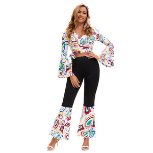 Nouvel ensemble haut et pantalon imprimé pour <span class=keywords><strong>femme</strong></span>, style rétro <span class=keywords><strong>disco</strong></span> années 70, avec manches trompette florales, idéal pour la scène - Product Image 3