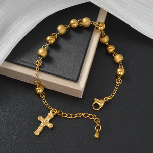 Pulsera de acero inoxidable italiano mate con cuentas y cruz de Jesús, ajustable, al por mayor, para mujer - Product Image 4