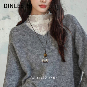 สร้อยคอเชือกหินธรรมชาติ Dinle พร้อมจี้โลหะผสมสังกะสีสีดำรูปทรงเรขาคณิต สำหรับกระเป๋า เสื้อสเวตเตอร์ สายคล้องคอ สไตล์ลำลอง - Product Image 2