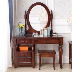 American Style Solid Wood <b>Dressing</b> Table With Mirror And Stool For Bedroom Mahogany Finish - Product Image 1