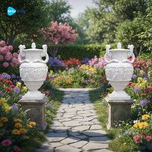 Par de Urnas de Mármol Neoclásicas Grandes, Estatuas de Jardín Talladas a Mano con Relieve Mitológico y Asas de Serpiente - Product Image 3