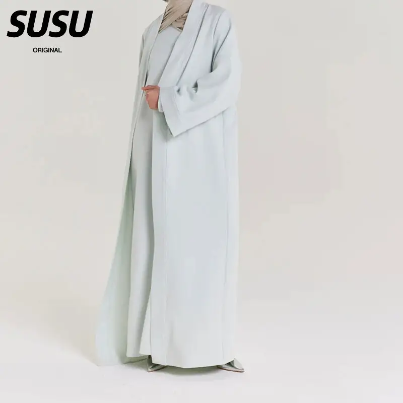 SUSU 2024 Dubai Essential Ice Blue Luxurious 2 Pieces Sets Muslim Full Dress High Quality Customized Muslim Women Open Abaya