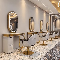 Mobilier de salon de coiffure de luxe moderne, poste de barbier, miroir de salon avec table de rangement et éclairage LED