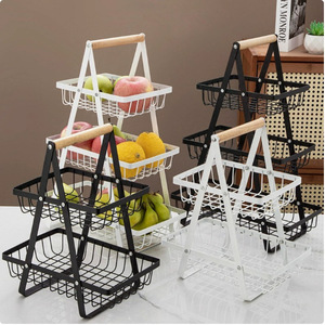 Panier à fruits multi-niveaux avec poignée en bois, support de rangement en métal durable pour cuisine, organisateur de collations, type rectangulaire sur pied - Product Image 1