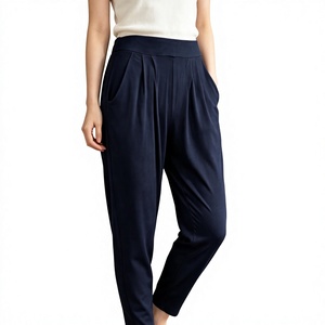 Pantalon de jogging taille haute bleu marine avec poches, extensible, sans couture, tricoté, longueur cheville, leggings pour femmes, toutes saisons, couleur unie - Product Image 4