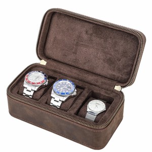 Boîte de rangement pour montres et bijoux en cuir Crazy Horse vintage, 3 emplacements, fermeture éclair anti-choc, rectangulaire, portable, boîte cadeau de voyage pour montres - Product Image 3
