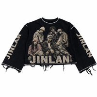 Sweat-shirt à manches longues col rond, coupe courte et oversize, en coton épais, avec bord brut, motif artistique sur la poitrine, surpiqûres contrastées, style streetwear
