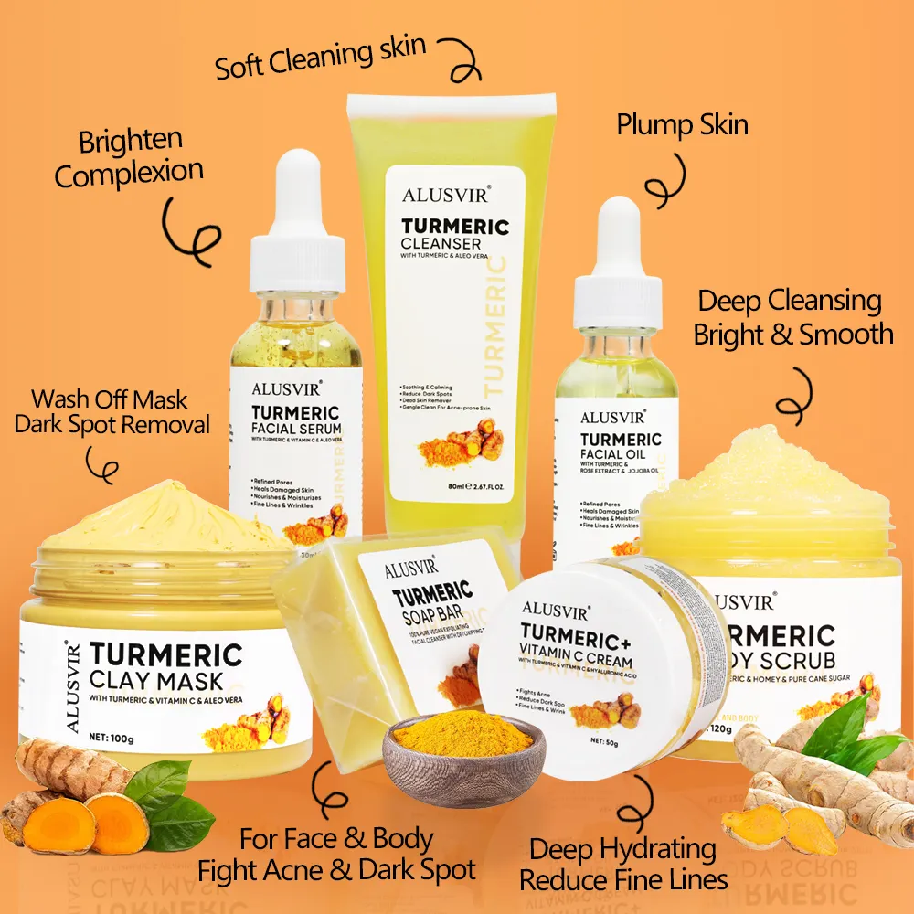 Turmeric Skincare Set Anti Acne Dark Spot Whitening Private Label Soap Serum Scrub Cream Facial Wash face Skin Care Set  new 