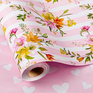 Burymento Pink Striped Floral <b>Wrapping</b> <b>Paper</b> 17 In X 32.8 Ft Reversible Gift Wrap For Baby Shower Birthday Valentine's Day - Product Image 1