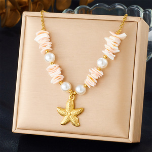 Starfish Pendant <b>Necklace</b> With Pearl And Shell Beads For <b>Beach</b> Vacation Style Everyday Wear - Product Image 1