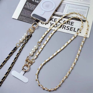 Sangle de téléphone élégante <span class=keywords><strong>en</strong></span> cuir PU tressé avec chaîne métallique perlée de luxe de 120 cm, <span class=keywords><strong>collier</strong></span> <span class=keywords><strong>pour</strong></span> coque de téléphone et sac - Product Image 2