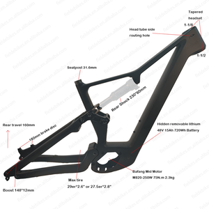 Cadre léger E-<span class=keywords><strong>vtt</strong></span> 29er 27.5er Boost <span class=keywords><strong>Bafang</strong></span> M820 Mid Motor 720Wh Batterie Enduro Suspension complète Dengfu E69 Cadre en carbone - Product Image 3