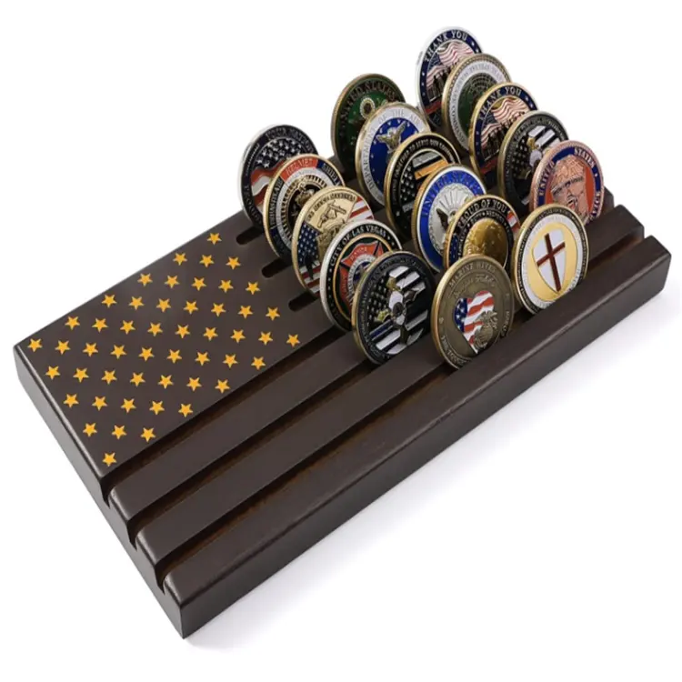 American Flag 6 Row Challenge Coin Holder Military Coin Display Stand, Holds 30-36 Coins Natural Solid Wood