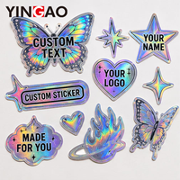 Autocollant holographique, autocollants personnalisés, logo, autocollant papillon, étiquettes laser argentées, imperméables, découpées, cœur, étoile, vinyle pailleté