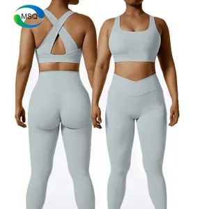 Ropa Deportiva Mujer Custom Logo Active Gym Fitness Set Sports Bra V Cut Waist Leggings With Pockets Fitness Women Workout Sets