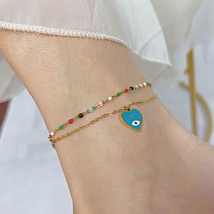 Devil Eye Blue Enamel Heart Non-Tarnish 18K <b>Gold</b> Plated Stainless Steel <b>Anklets</b> for Women Colorful Rainbow Chain Fashion Jewelry - Product Image 5