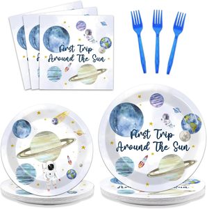 DAMAI - Juego de Vajilla para Fiesta de Cumpleaños Infantil con Temática Espacial de Astronauta, Platos, Vasos y Servilletas de Papel con Diseño de Planeta Azul - Product Image 3