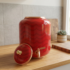 Distributeur d'eau artisanal en cuivre pur 0,8 L avec impression vague abstraite rouge, robinet en laiton anti-fuite, pot de stockage écologique pour la maison - Product Image 1