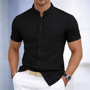 Camisa de <span class=keywords><strong>Manga</strong></span> <span class=keywords><strong>Corta</strong></span> con Cuello Mandarín para <span class=keywords><strong>Hombre</strong></span>, Color Sólido, Corte Entallado, Estilo Casual Elegante, Personalizable en Talla y Color con Impresión - Product Image 2