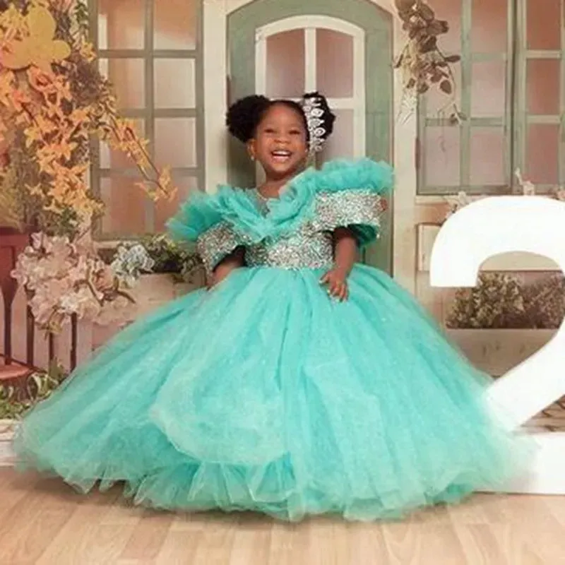 bud green dress Flower Girl Dresses Luxurious Little Girls Ball Gown Off Shoulder Crystals Tulle Tiered First Birthday Party pretty maxi dress