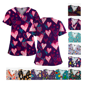 Newest Fashion V-neck Stretchy Fabric Women's Print Medical Fun <strong>Scrub</strong> <strong>Top</strong> Custom Dental <strong>Scrubs</strong> <strong>Tops</strong> Uniform - Product Image 6