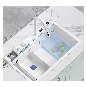 Fregadero de cocina moderno empotrado cuadrado de un solo seno con grifo extraíble giratorio de 360 grados y efecto cascada - Product Image 2
