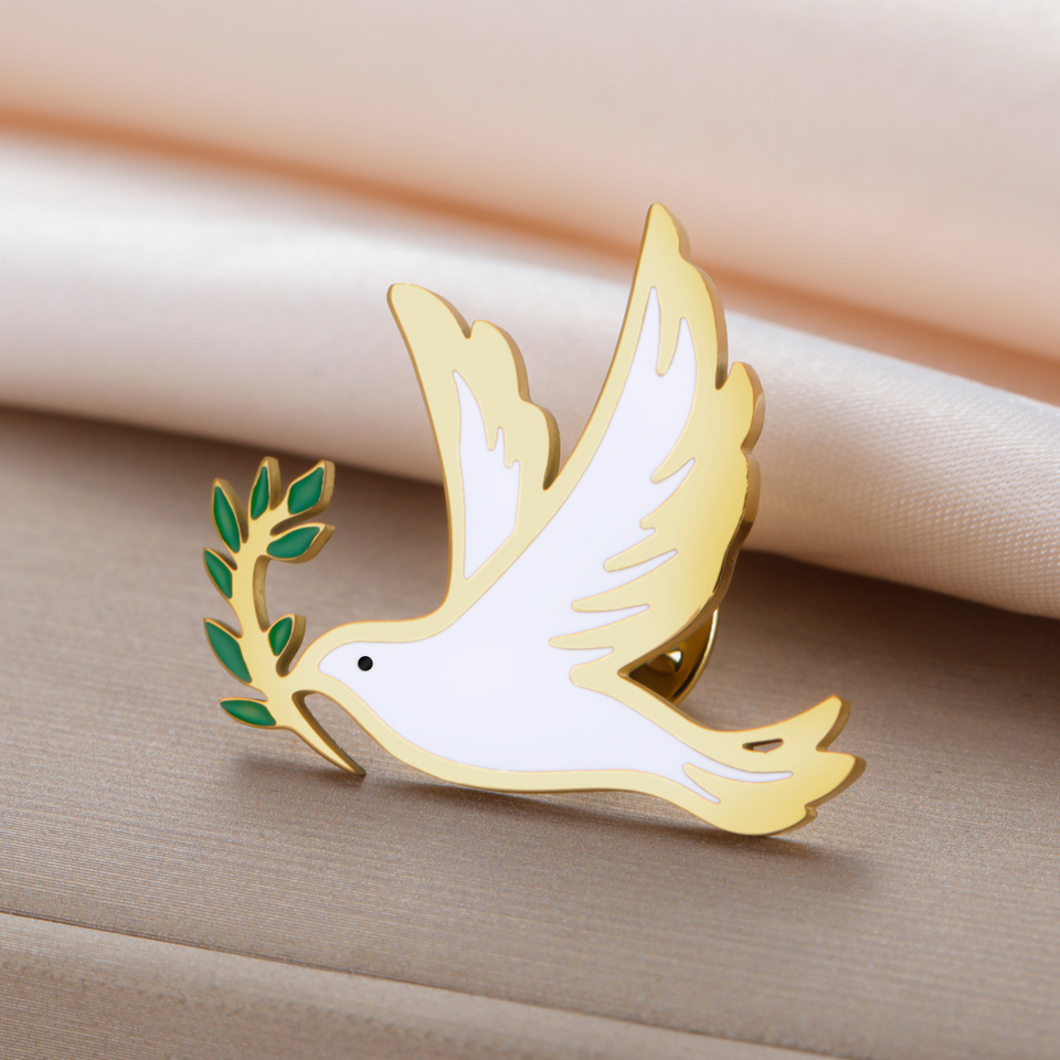 Witte Duif van Vrede met Olijftak Metalen Emaille Pin Badge